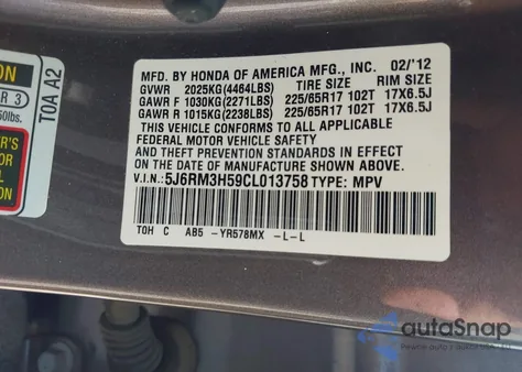 2012 Honda Cr-V Ex z USA, uszkodzony, nr VIN 5J6RM3H59CL013758